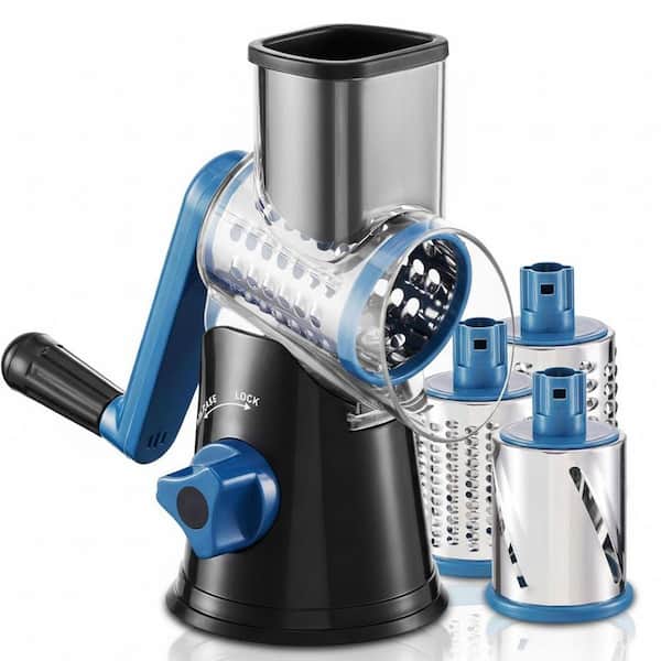 Black Rotary Cheese Grater Mandoline Vegetable Slicer with 3 Stainless Steel Blades Easy Clean for Kitchen