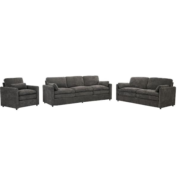 3-Piece Gray Chenille Living Room Set with Loveseat and Single Sofa
