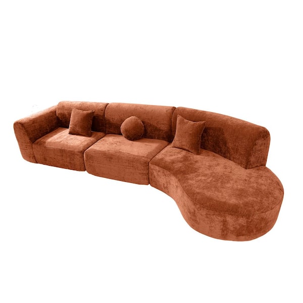 Dakota Modern 140 in. 3-Piece Modular Polyester Upholstered Curved Sectional Sofa in Orange with Pillows