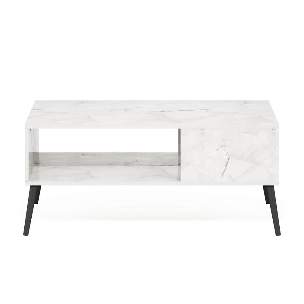 Mid-Century Marble White Rectangular Coffee Table with Wooden Legs