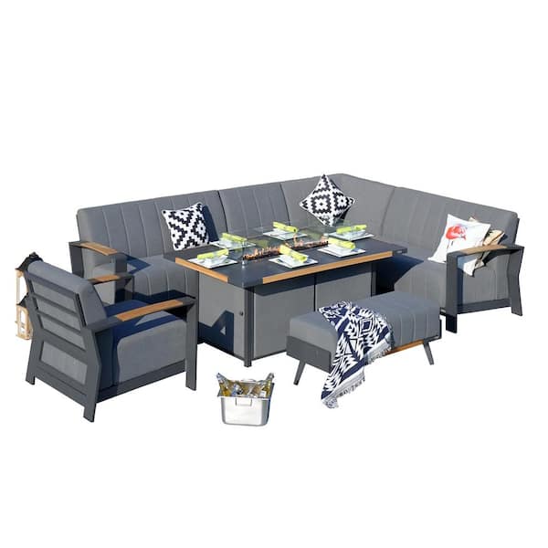 DIRECT WICKER Caleb 7-Piece Aluminum Patio Fire Pit Sectional Sofa Set with Gray Thickened Cushions