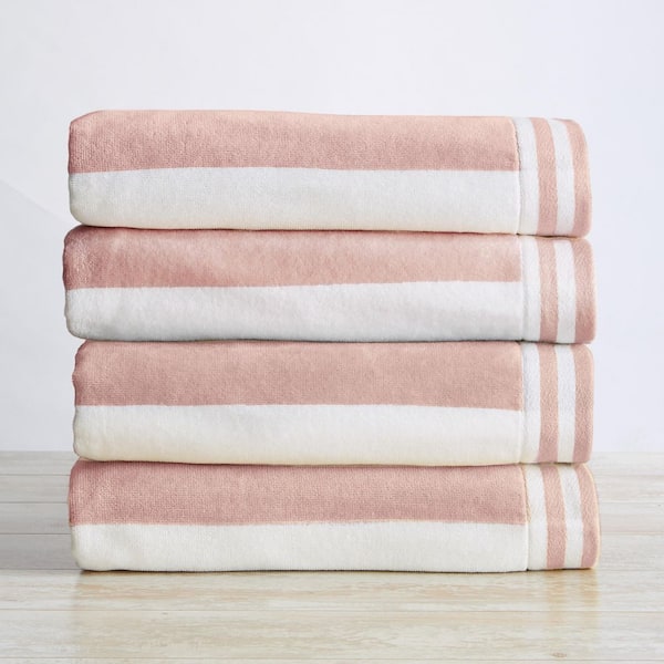 Dusty Rose / White 100% Cotton Cabana Stripe 4 Pack Beach and Pool Towels