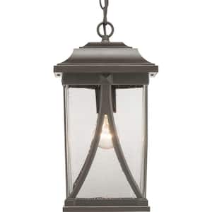 Abbott Collection 1-Light Antique Bronze Clear Seeded Glass Craftsman Outdoor Hanging Lantern Light