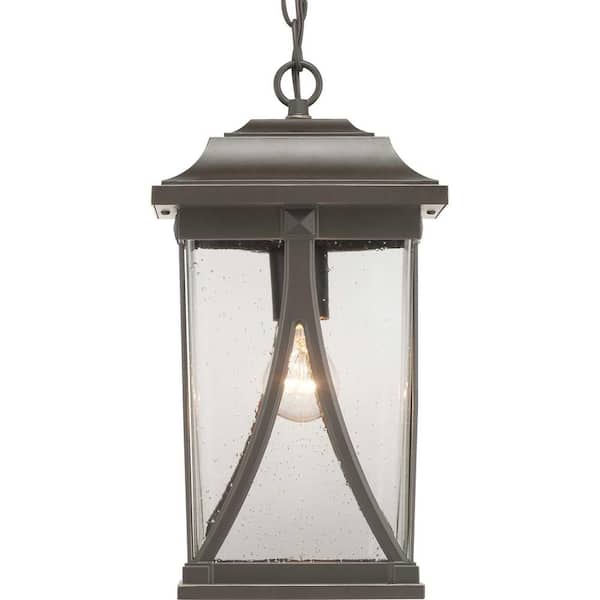 Progress Lighting Abbott Collection 1-Light Antique Bronze Clear Seeded Glass Craftsman Outdoor Hanging Lantern Light
