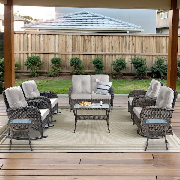 Opohoro Brown 8-Piece Wicker Patio Conversation Set with Swivel Rockers, Outdoor Loveseat Seating Set with Beige Cushions
