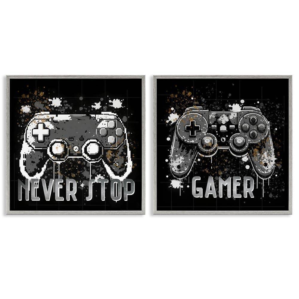 Never Stop Modern Gamer by Kim Allen 2 Pieces Gray Framed Typography Giclee Art Print 12 in. x 12 in.