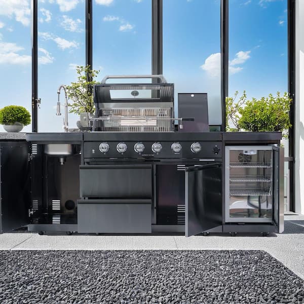 46 in. Deluxe 4-Burner 72000BTU BBQ Propane Grill Island. Stainless Steel Rotisserie, Refrigerator, Sink, Black