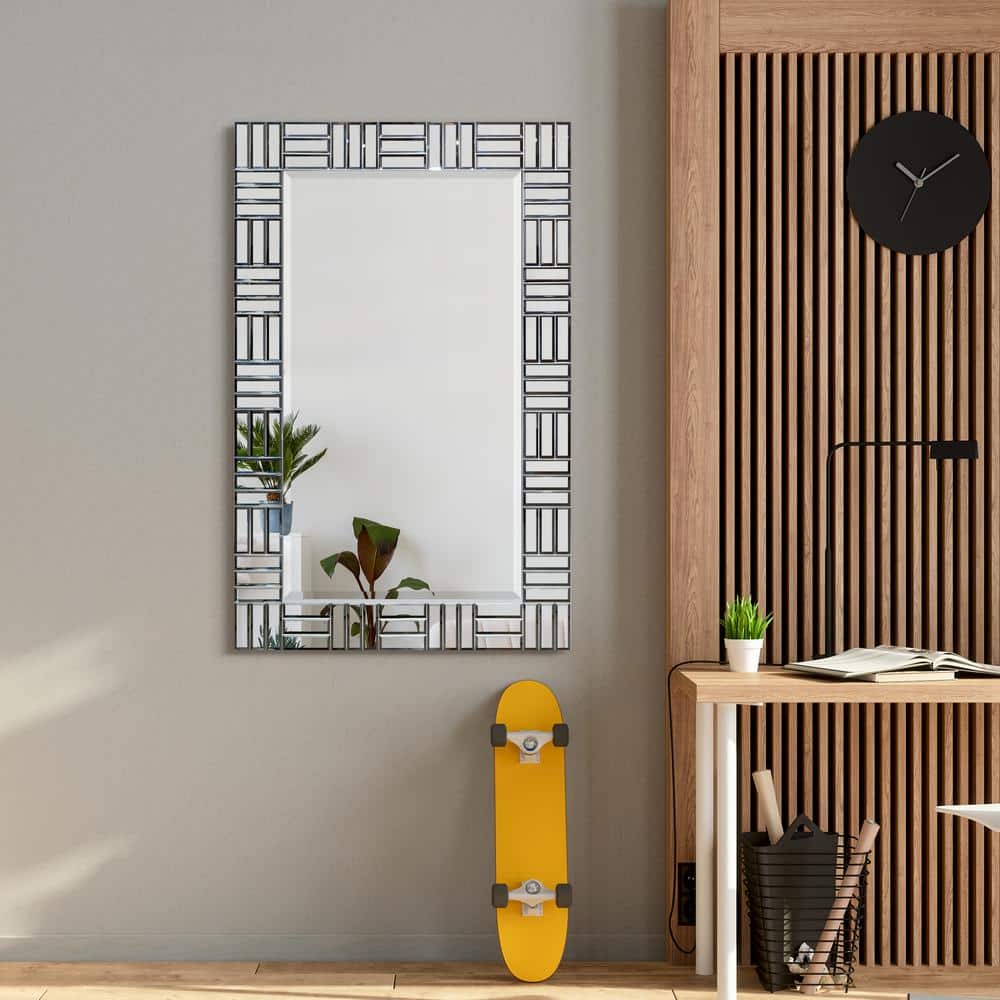 Chrome Subway Tile Rectangular Beveled Wall Mirror with Fir Wood Frame