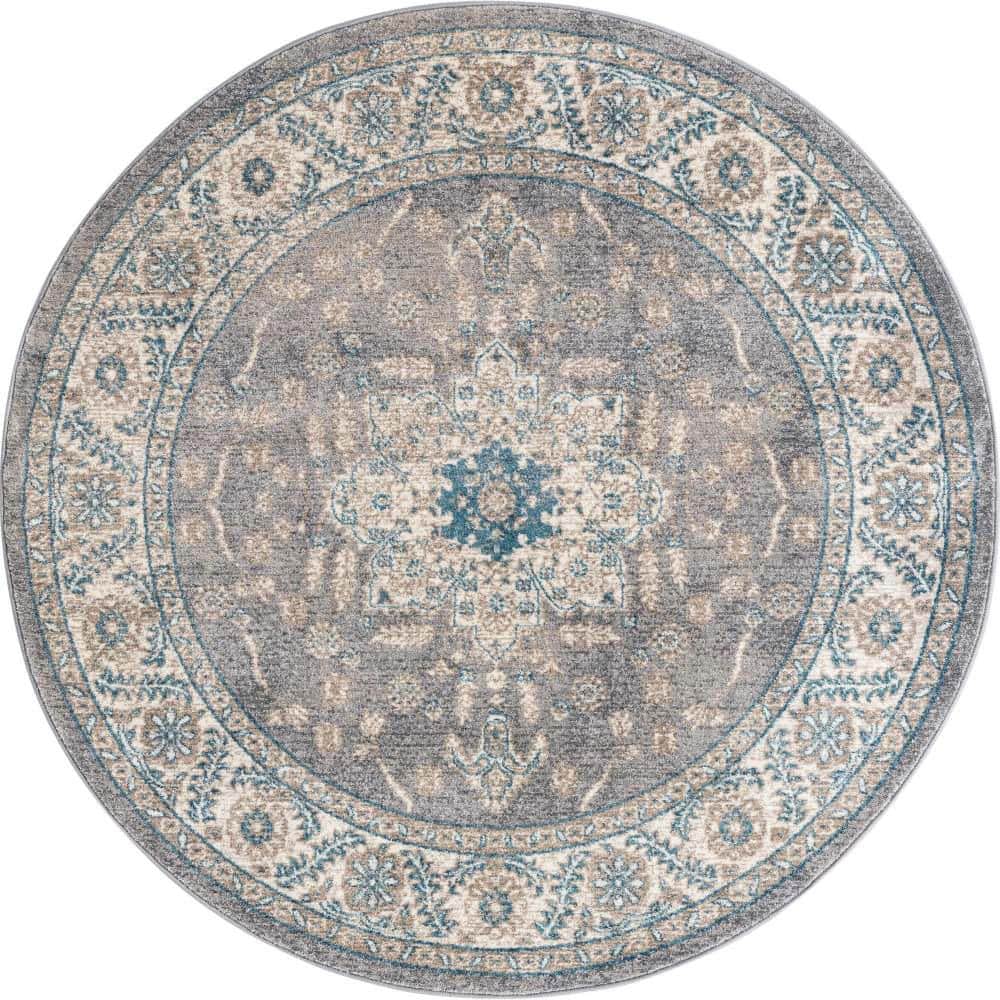 Salzburg Floral Medallion 5'1" Round Rug in Gray - Stain-Resistant