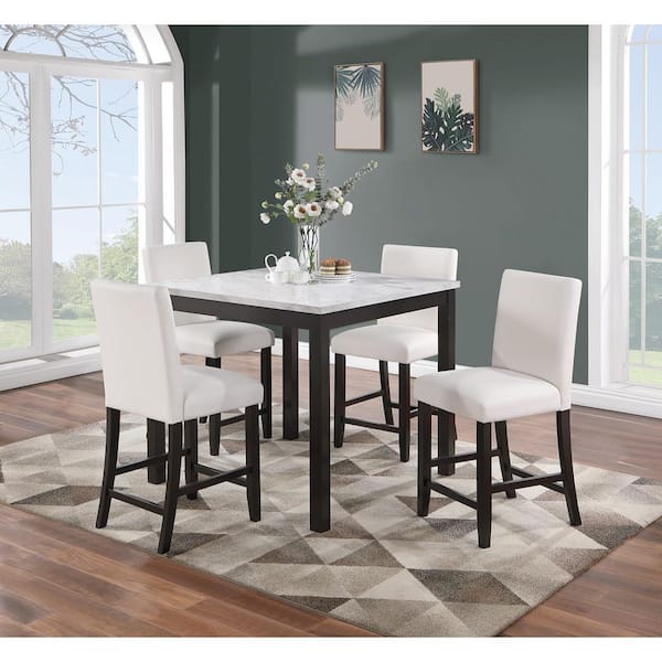Kim 5-Piece Brown and White Wood Top Faux Marble Dining Set with Faux Leather Upholstered Dining Chairs, Solid Wood Legs