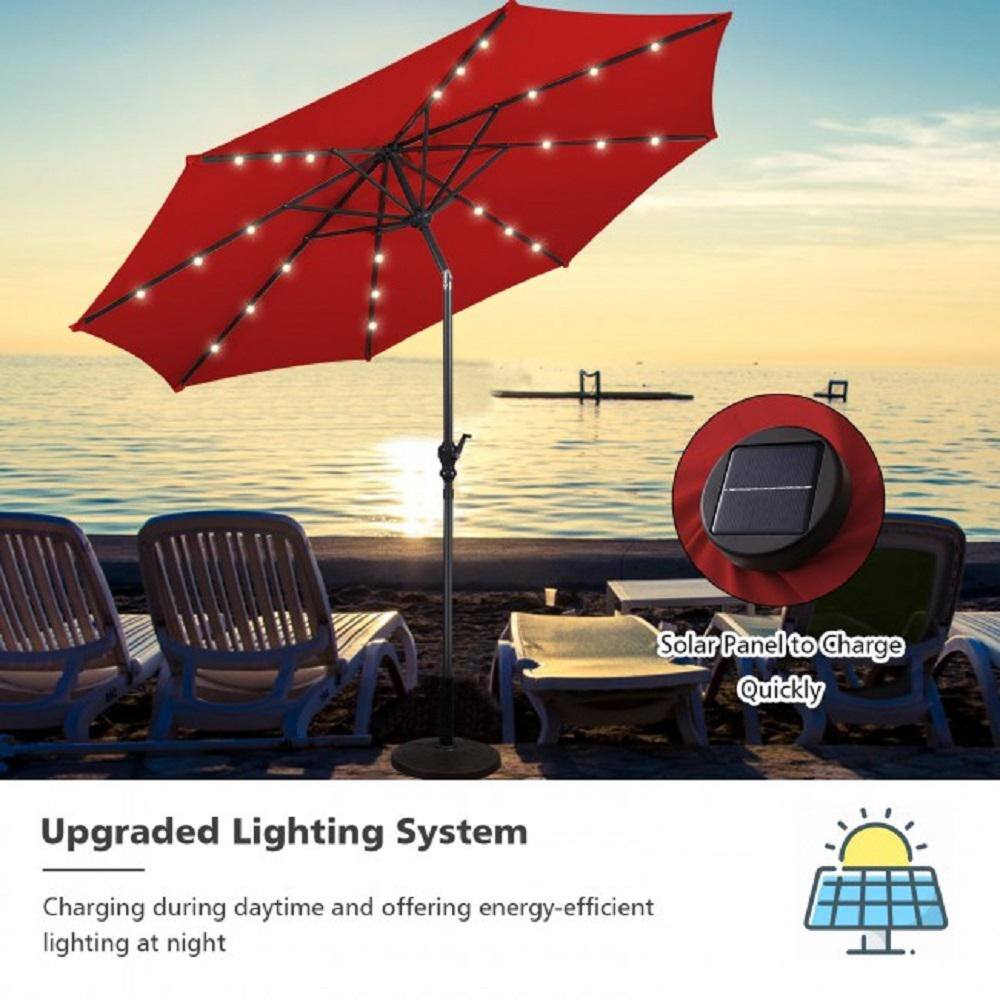 10 ft. Burgundy Metal Market Patio Umbrella with LED Lights