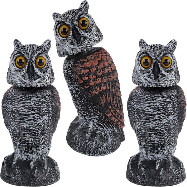 3-Pack Fake Owl Decoys for Scare Away Birds, Swivel Head Bird Repellent, Natural Enemy Scarecrow Plastic Statue
