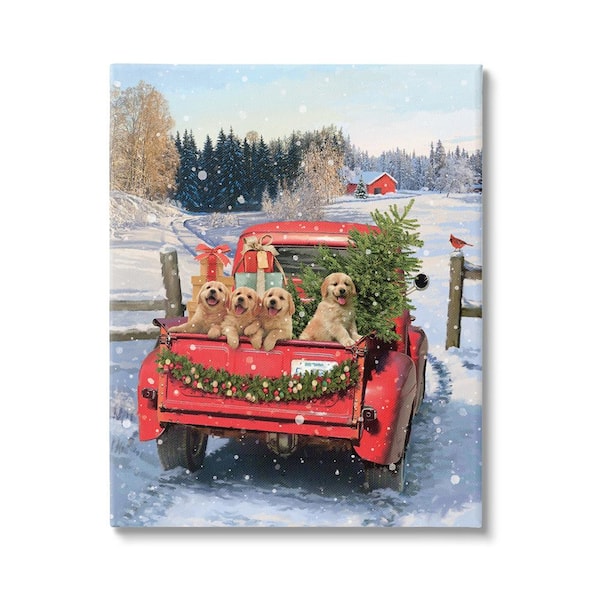 Stupell Industries Puppies in Holiday Truck byJason Kirk 1-Piece Unframed Graphic Print Travel Poster Art Print 20 in. x 16 in.