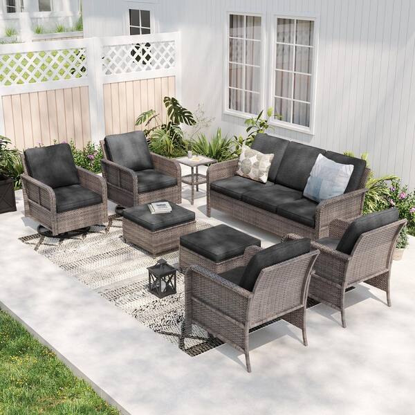 Sonkuki 8-Piece Patio Conversation Sofa Set Gray Wicker with Swivel Rocking Chair and Side Table, Black Cushion