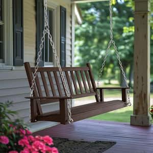 4 ft. Carbonized Outdoor Wooden Patio Porch Swing with Chains and Curved Bench