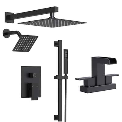 3-Spray Square 10 in. Rain Wall Mount Shower System 6 in. Shower Head with Centerset Bathroom Faucet in Matte Black