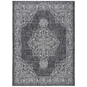 Courtyard Black/Gray 8 ft. x 10 ft. Floral Medallion Border Indoor/Outdoor Patio  Area Rug