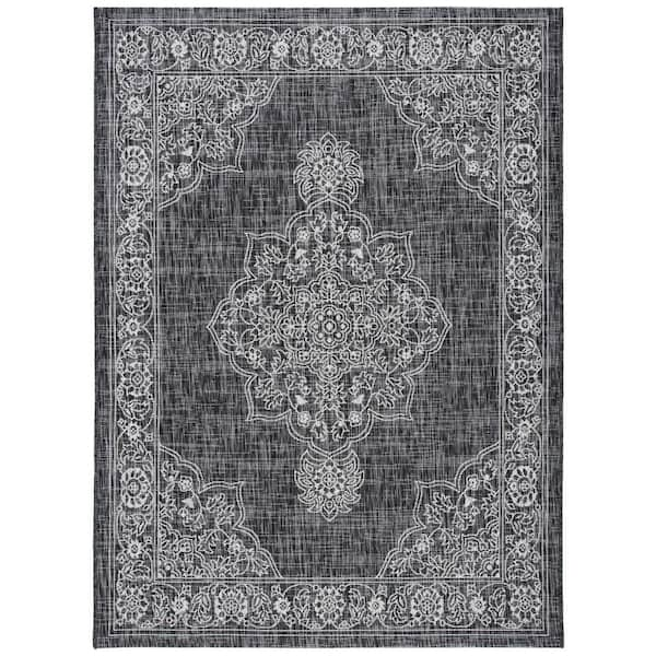 Black Floral Medallion Indoor/Outdoor Area Rug