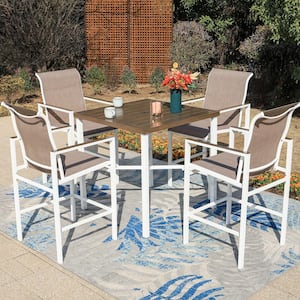 White 5-Piece Metal Outdoor Bar Height Dining Set With Straight-Leg Square Table and Textilene Bar Stools