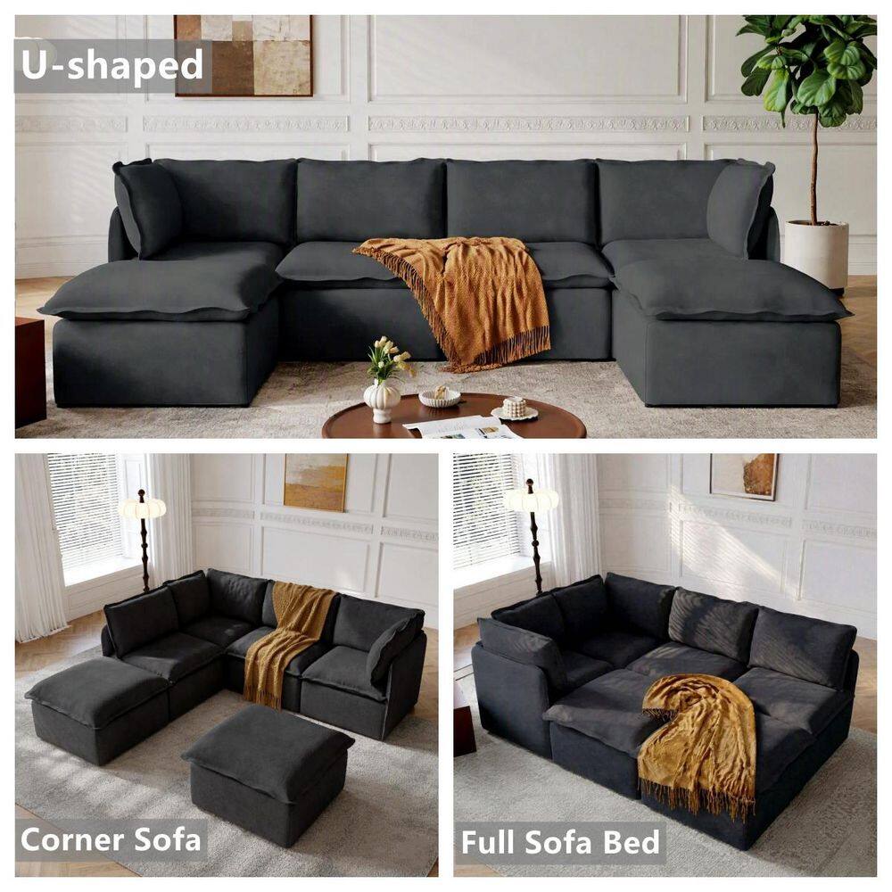 Various configurations of the black sectional sofa.