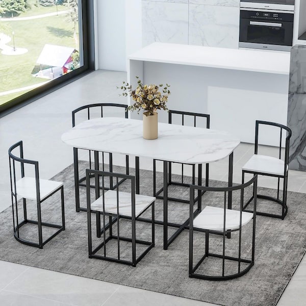 7-Piece White and Black Half-Round MDF Top Dining Table Set Seats 6