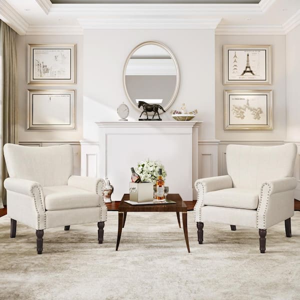 cozyman Anaya Morden Linen Fabric Upholstered Wingback Accent Chair Rolled Arm Nailhead Living Room Chair Set of 2