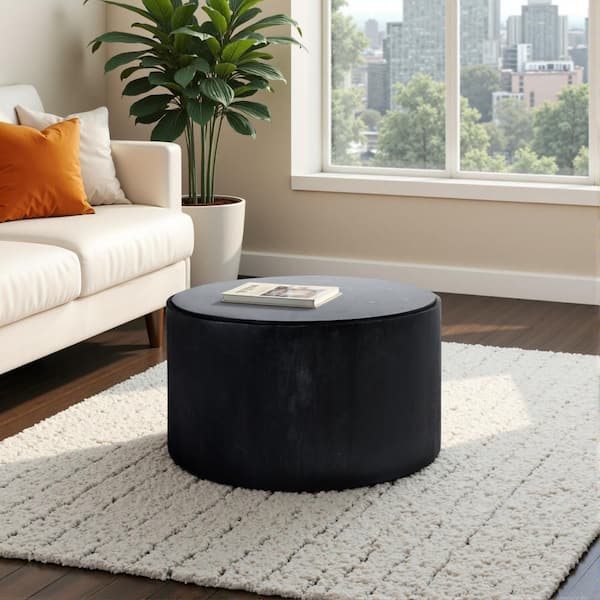 Black 32 in. Round Marble Inlay Top Coffee Table