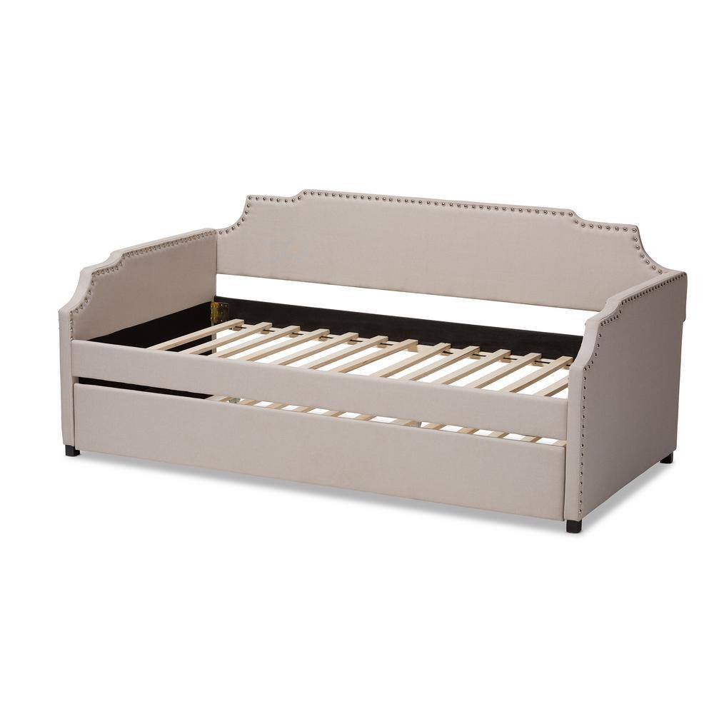 Beige Twin Upholstered Daybed with Nailhead Trim and Trundle