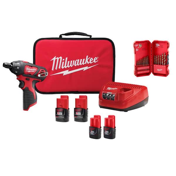 M12 12V Lithium-Ion Cordless 1/4 in. Hex Screwdriver Kit with (4)1.5Ah Batteries, Charger, Tool Bag, 23 Pc Twist Bit Set