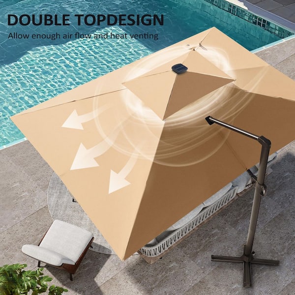 10 ft. x 13 ft. Heavy Duty Cantilever Tiltable 360° Rotation Solar LED Lighted Patio Umbrella in Tan and Umbrella Base