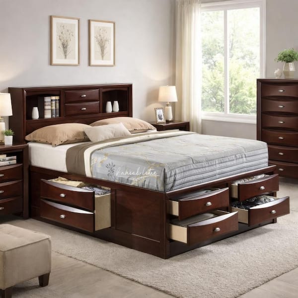 Brown Wood Frame King Size Platform Bed with Bookcase and Drawers