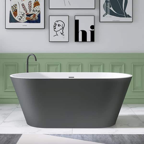 Getpro 59 in. x 29.5 in. Acrylic Free Standing Soaking Bath Tub with Center Drain Flat Bottom Oval Freestanding Bathtub in Grey