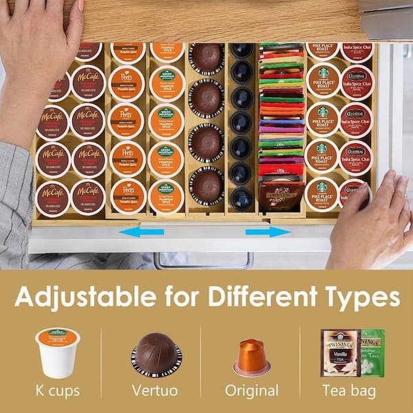 Lynzavix Bamboo Coffee Pod Organizer Drawer with Adjustable