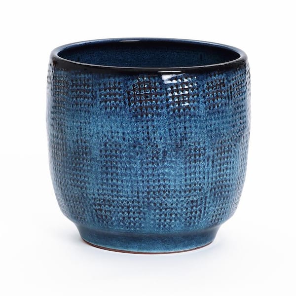 LuxenHome 12 in. Ocean Blue Round Ceramic Floor Planter