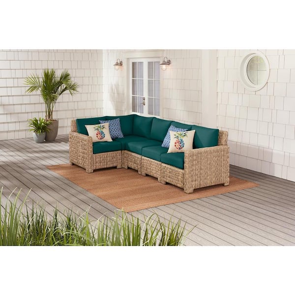 Hampton Bay Laguna Point 5-Piece Natural Tan Wicker Outdoor Patio Sectional Sofa with CushionGuard Malachite Green Cushions