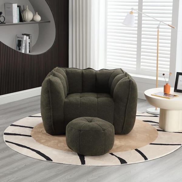 J&E Home 42.5 in. W Square Arm Bean Bag Velvet Lazy Square Sofa with Ottoman in. Green