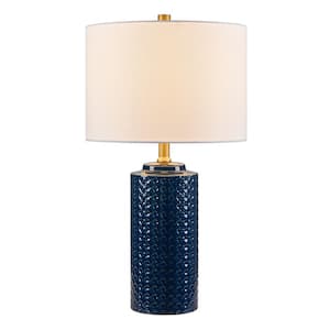 21.75 in. Glazed Blue Rattan Shaped Ceramic Table Lamp with Fabric Lamp Shade