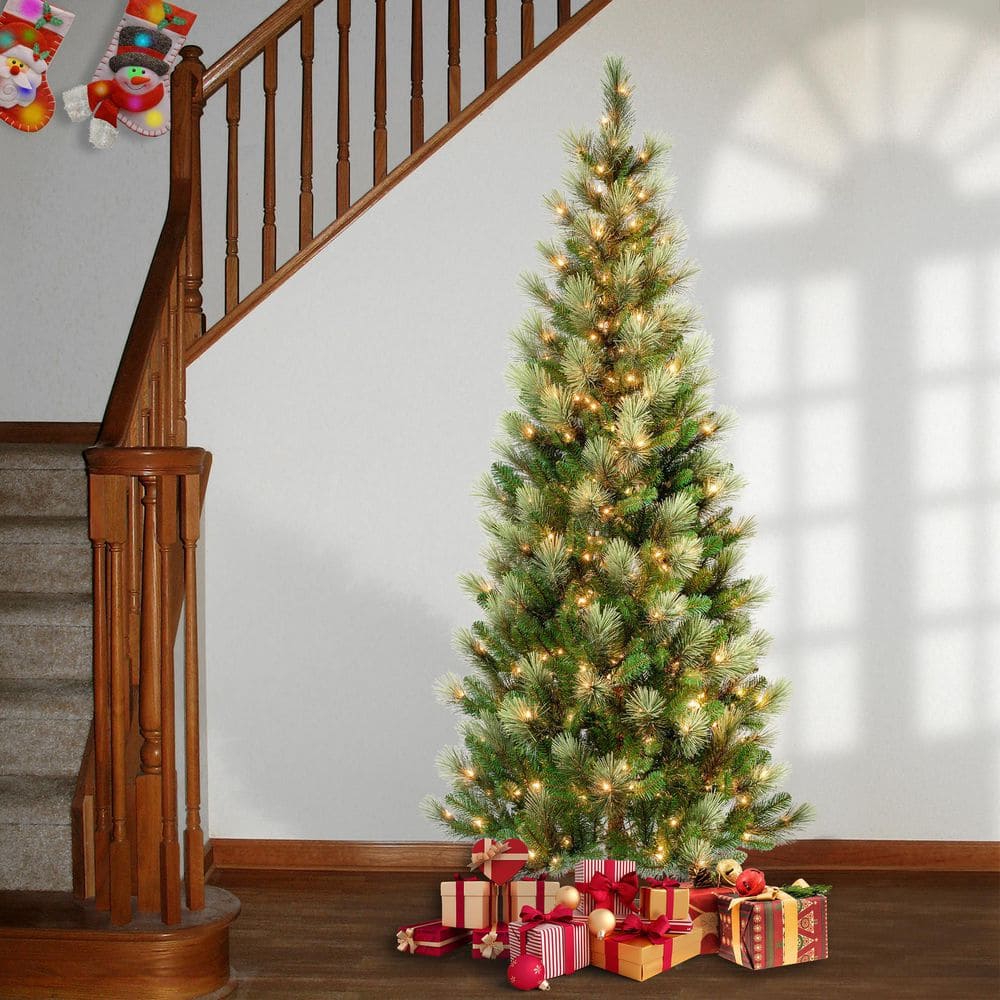 7.5' Green Pre-Lit Slim Pine Christmas Tree with Clear Lights