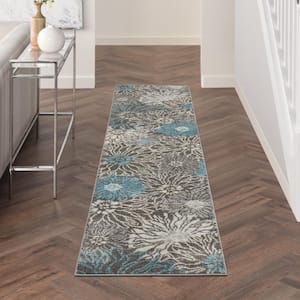 Passion Charcoal/Blue 2 ft. x 10 ft. Floral Contemporary Kitchen Runner Area Rug