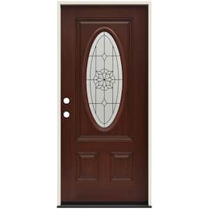 36 in. x 80 in. Right-Hand 3/4 Oval McAlpine Decorative Glass Amaretto Stain Fiberglass Prehung Front Door w/Brickmould