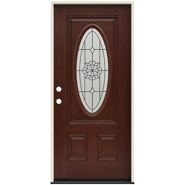 JELD-WEN 36 in. x 80 in. Right-Hand 3/4 Oval McAlpine Decorative Glass Amaretto Stain Fiberglass Prehung Front Door w/Brickmould