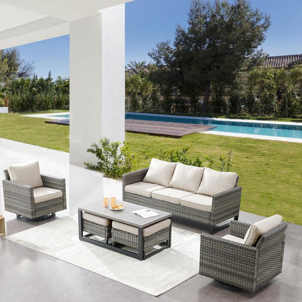 Valenta Gray 6-Pcs Wicker Patio Conversation Set with Beige Cushions
