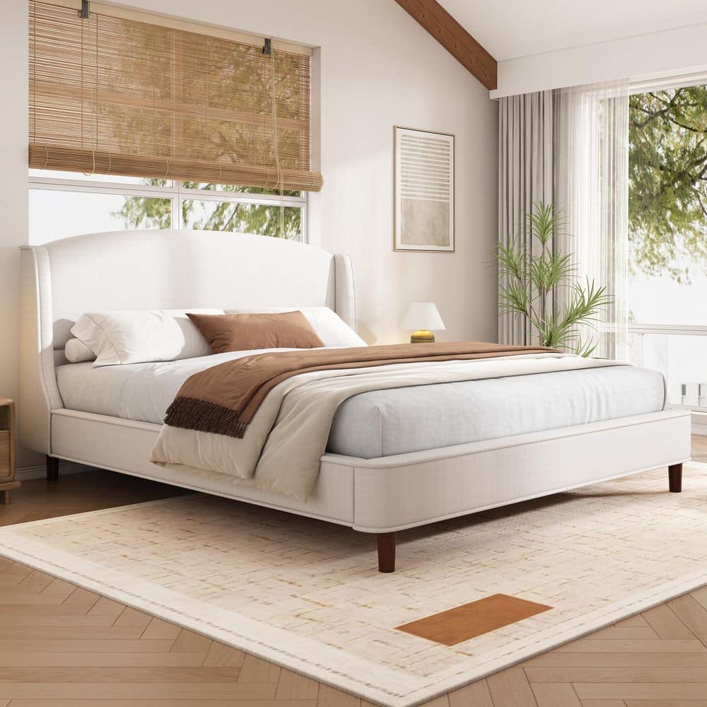 Core Beige Upholstered Wood Frame California King Size Platform Bed with Wingback Headboard - thumbnail 9