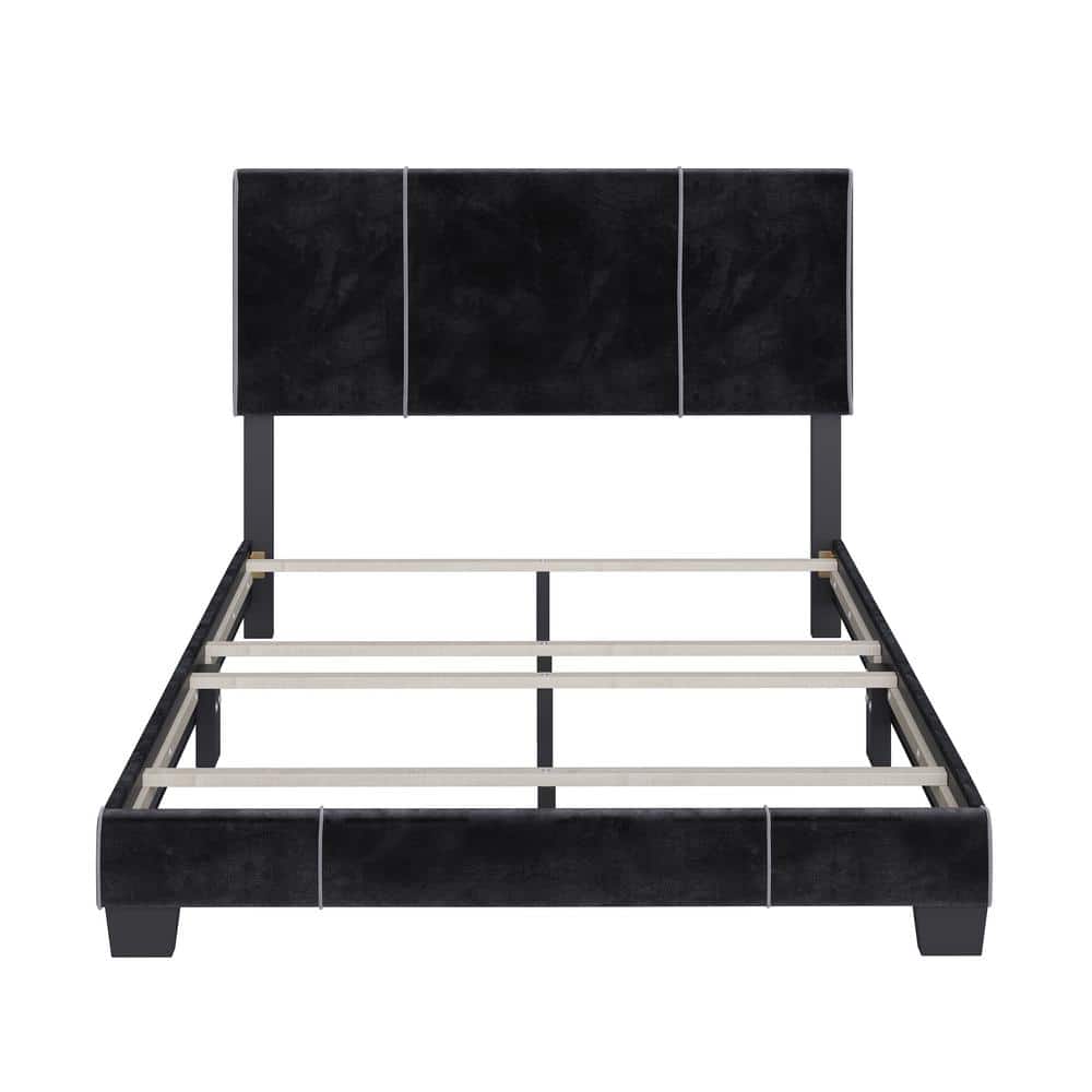 Lucena Black Velvet Upholstered Queen Platform Bed with Headboard