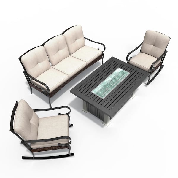 moda furnishings Bright Black 4-Piece Aluminum Patio Fire Pit Conversation Sofa Set with Beige Cushions