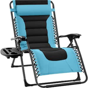 Oversized Padded Zero Gravity Light Blue/Black Metal Reclining Outdoor Lawn Chair with Side Tray