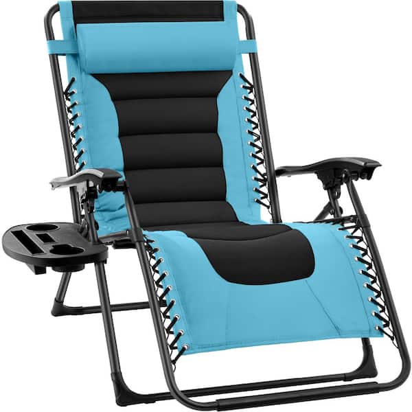 Best Choice Products Oversized Padded Zero Gravity Light Blue/Black Metal Reclining Outdoor Lawn Chair with Side Tray