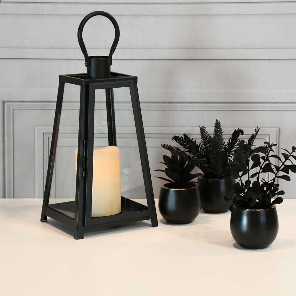 Black Metal Tabletop Lantern with Amber LED Candle