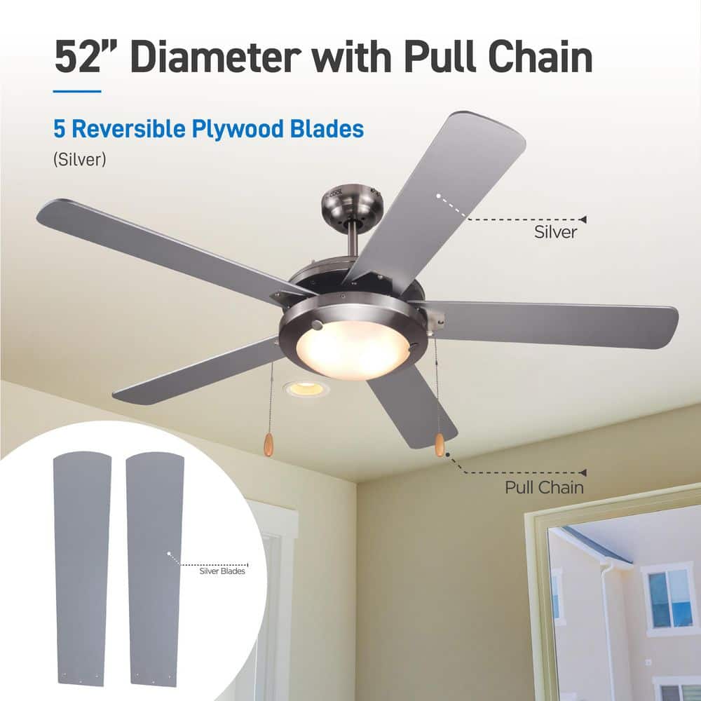 Silver 52" Modern Ceiling Fan with LED Light and 5 Blades