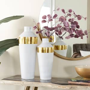20 in., 16 in. White Metal Decorative Vase with Gold Band (Set of 2)